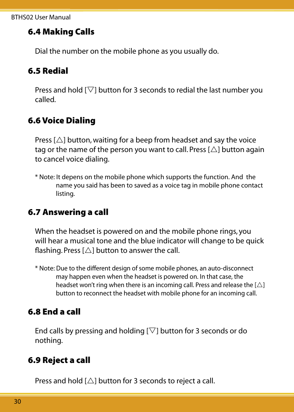 9 reject a call, 8 end a call, 6 voice dialing | 5 redial, 4 making calls, 7 answering a call | Corega Bluetooth Headset BTHS02 User Manual | Page 14 / 20