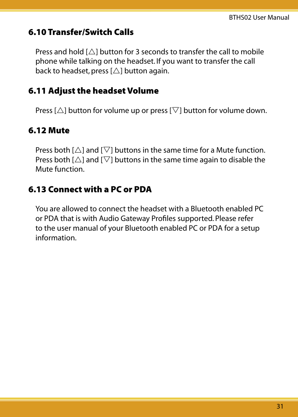 13 connect with a pc or pda, 12 mute, 11 adjust the headset volume | 10 transfer/switch calls | Corega Bluetooth Headset BTHS02 User Manual | Page 15 / 20