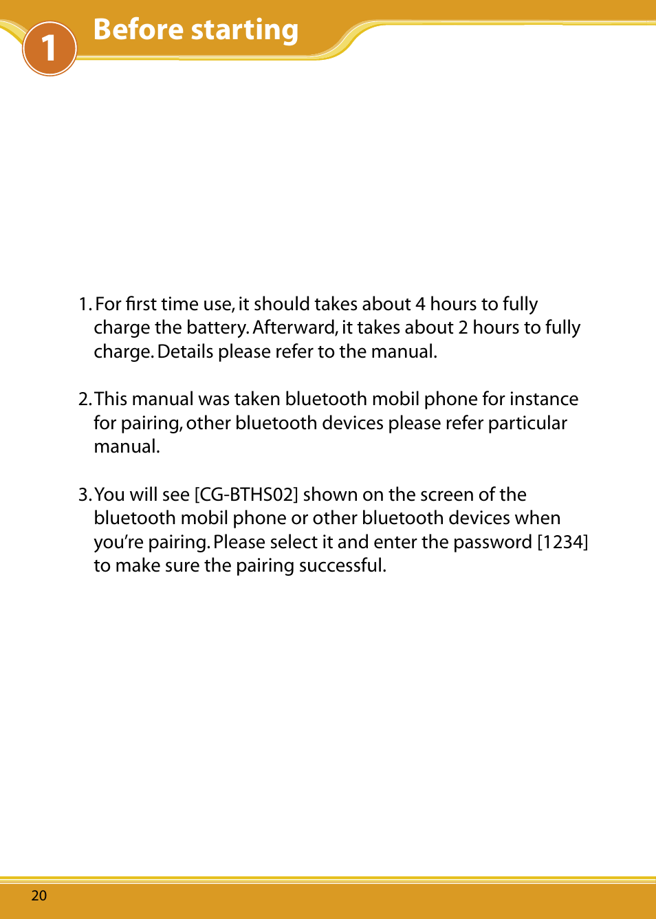 Before starting | Corega Bluetooth Headset BTHS02 User Manual | Page 4 / 20