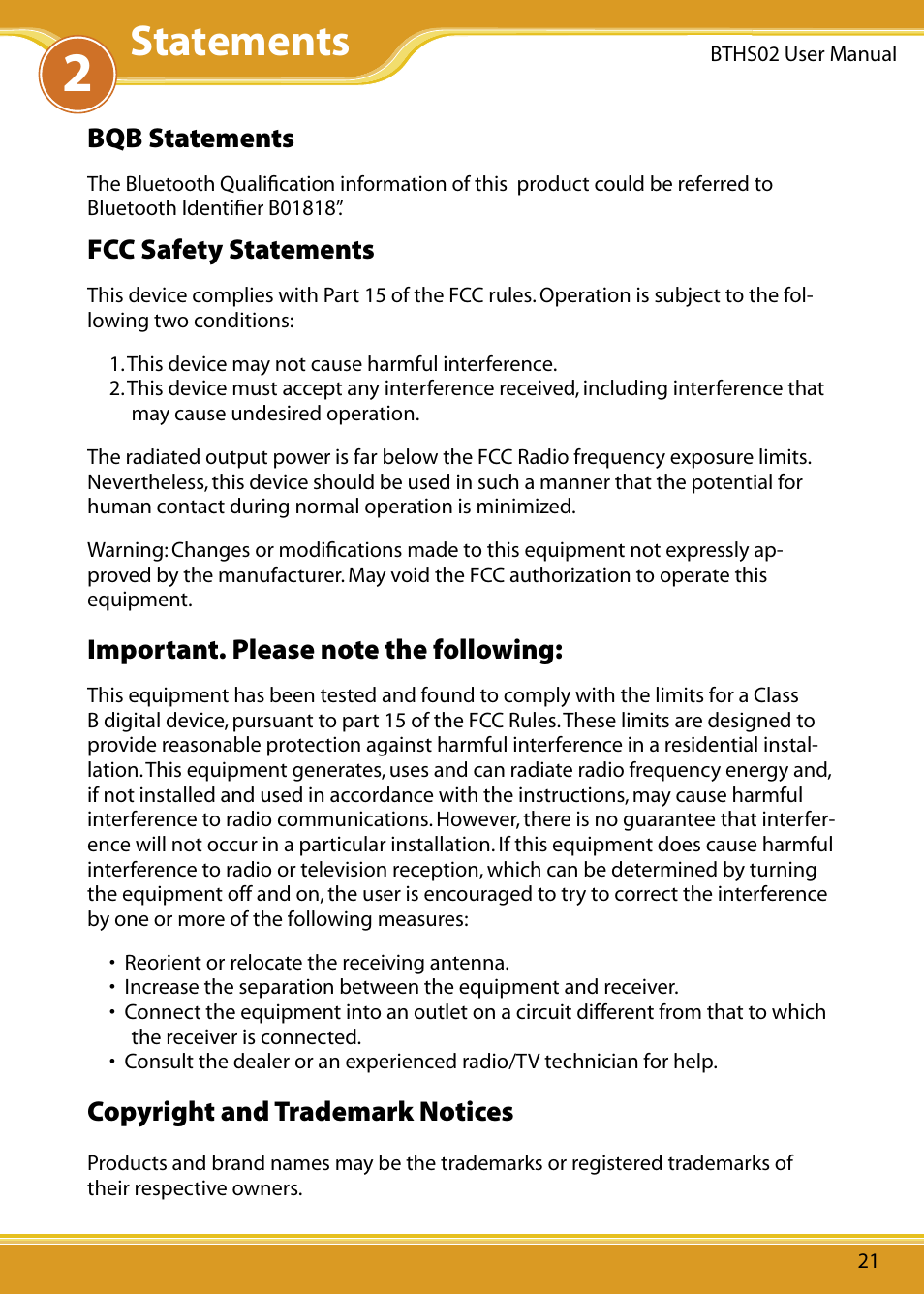 Bqb statements, Statements | Corega Bluetooth Headset BTHS02 User Manual | Page 5 / 20