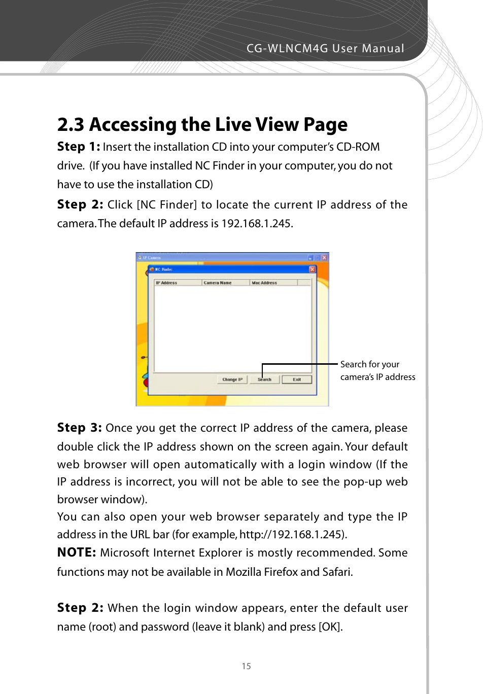 3 accessing the live view page | Corega CG-WLNCM4G User Manual | Page 17 / 68