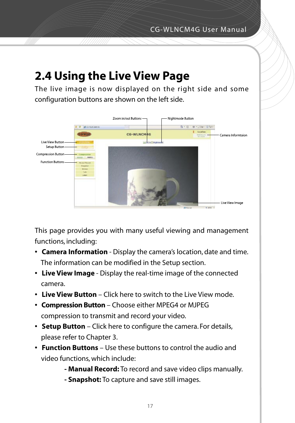4 using the live view page | Corega CG-WLNCM4G User Manual | Page 19 / 68