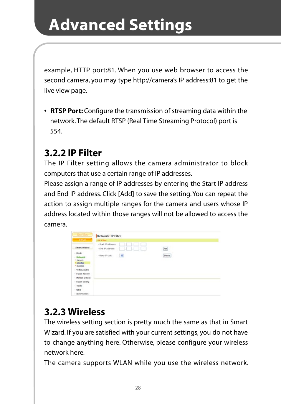 Advanced settings, 2 ip filter, 3 wireless | Corega CG-WLNCM4G User Manual | Page 30 / 68