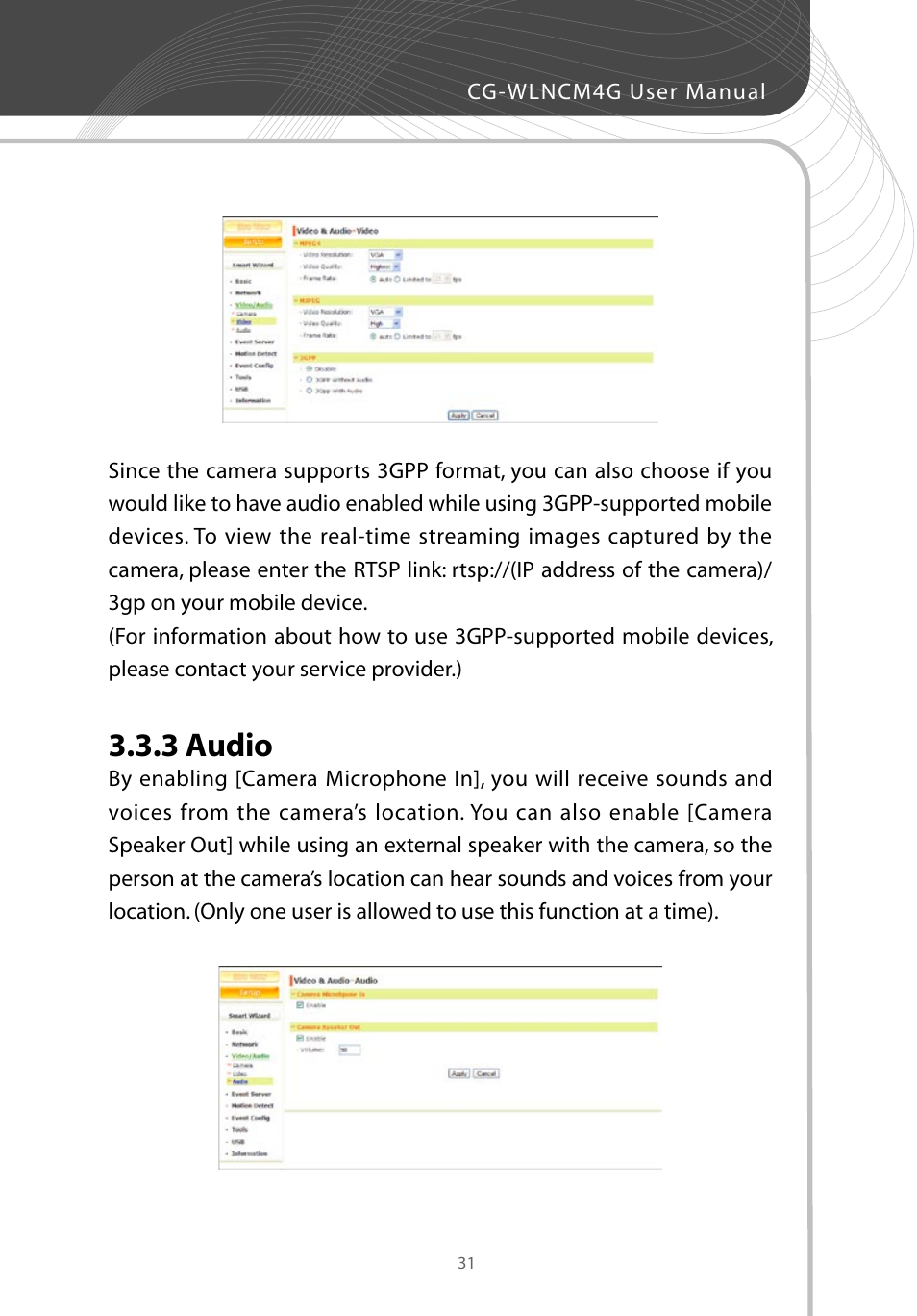 3 audio | Corega CG-WLNCM4G User Manual | Page 33 / 68