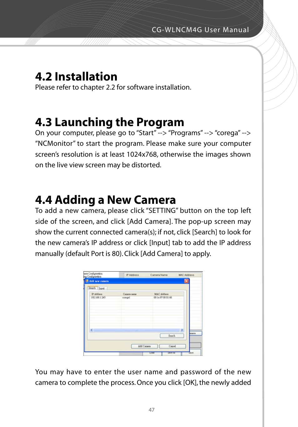 2 installation, 3 launching the program, 4 adding a new camera | Corega CG-WLNCM4G User Manual | Page 49 / 68