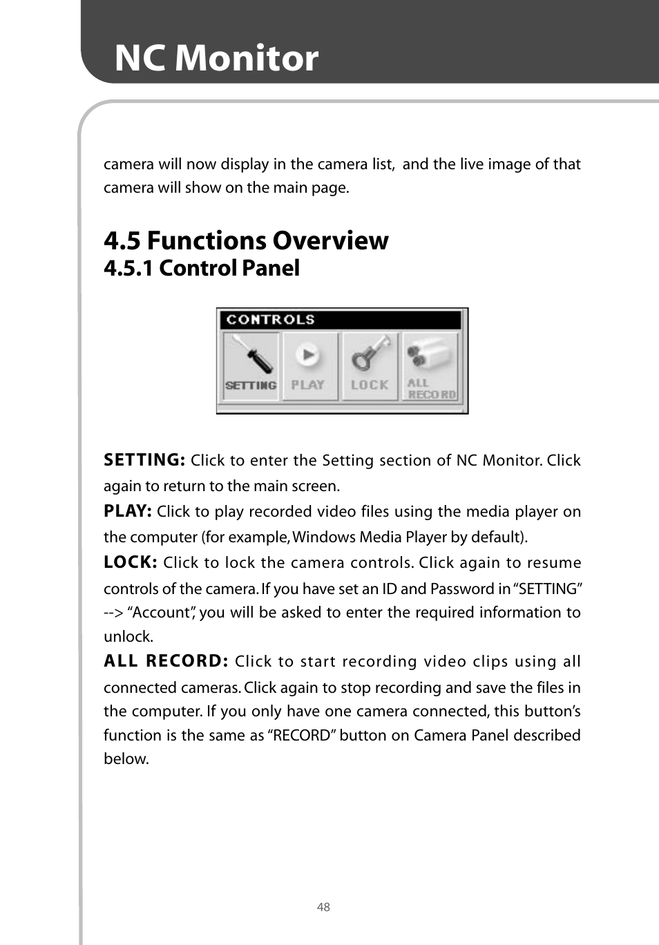 Nc monitor, 5 functions overview, 1 control panel | Corega CG-WLNCM4G User Manual | Page 50 / 68