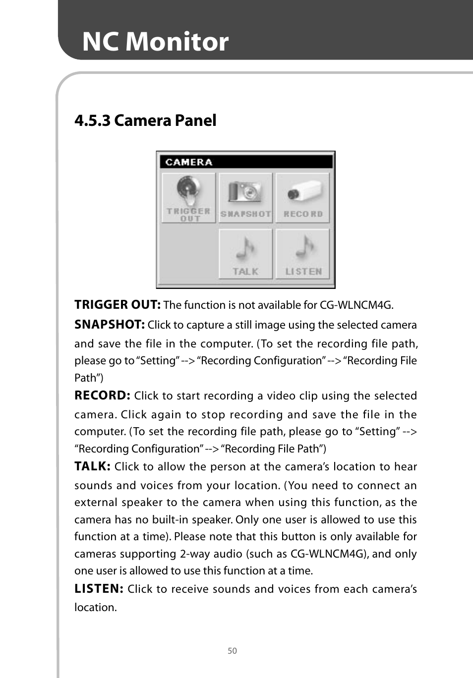 Nc monitor, 3 camera panel | Corega CG-WLNCM4G User Manual | Page 52 / 68