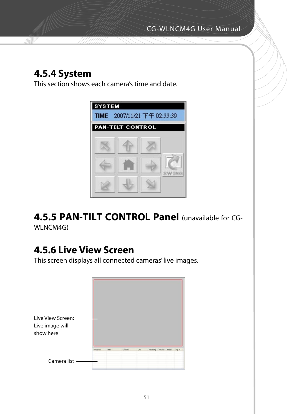 4 system, 5 pan-tilt control panel, 6 live view screen | Corega CG-WLNCM4G User Manual | Page 53 / 68