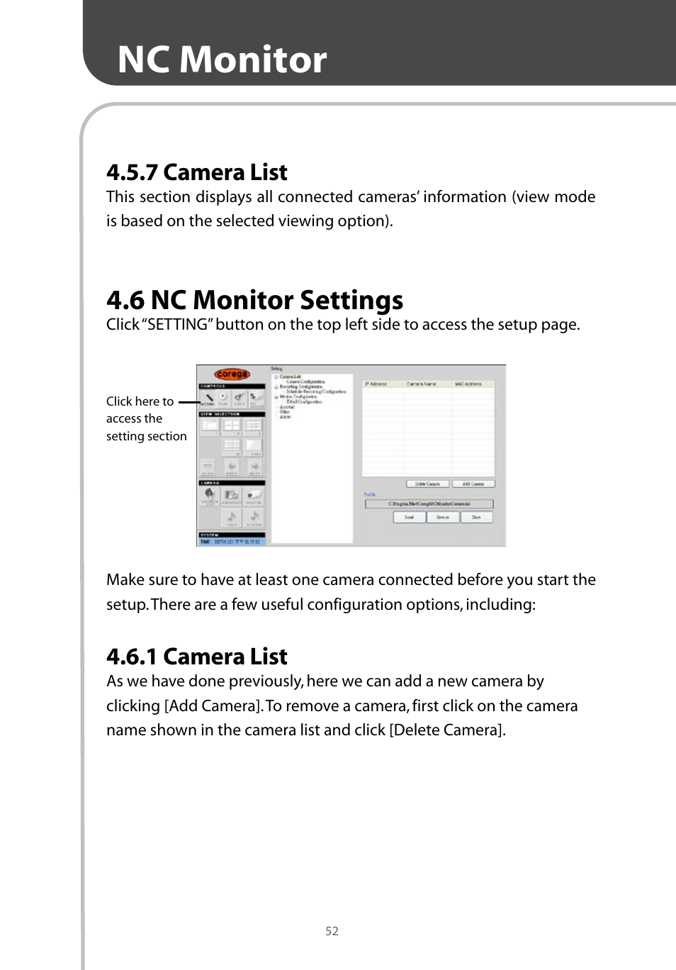 Nc monitor, 6 nc monitor settings, 7 camera list | 1 camera list | Corega CG-WLNCM4G User Manual | Page 54 / 68