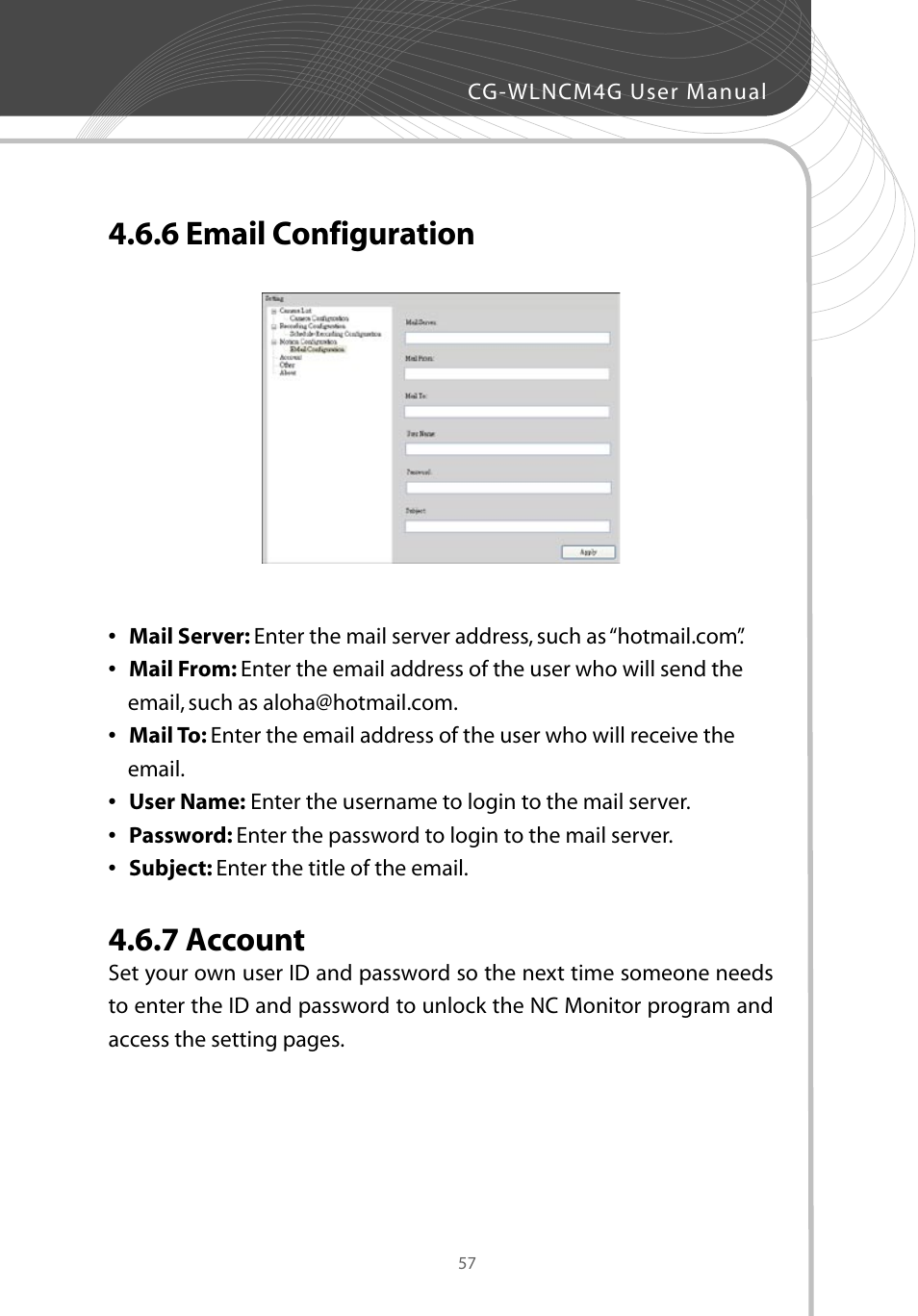 6 email configuration, 7 account | Corega CG-WLNCM4G User Manual | Page 59 / 68