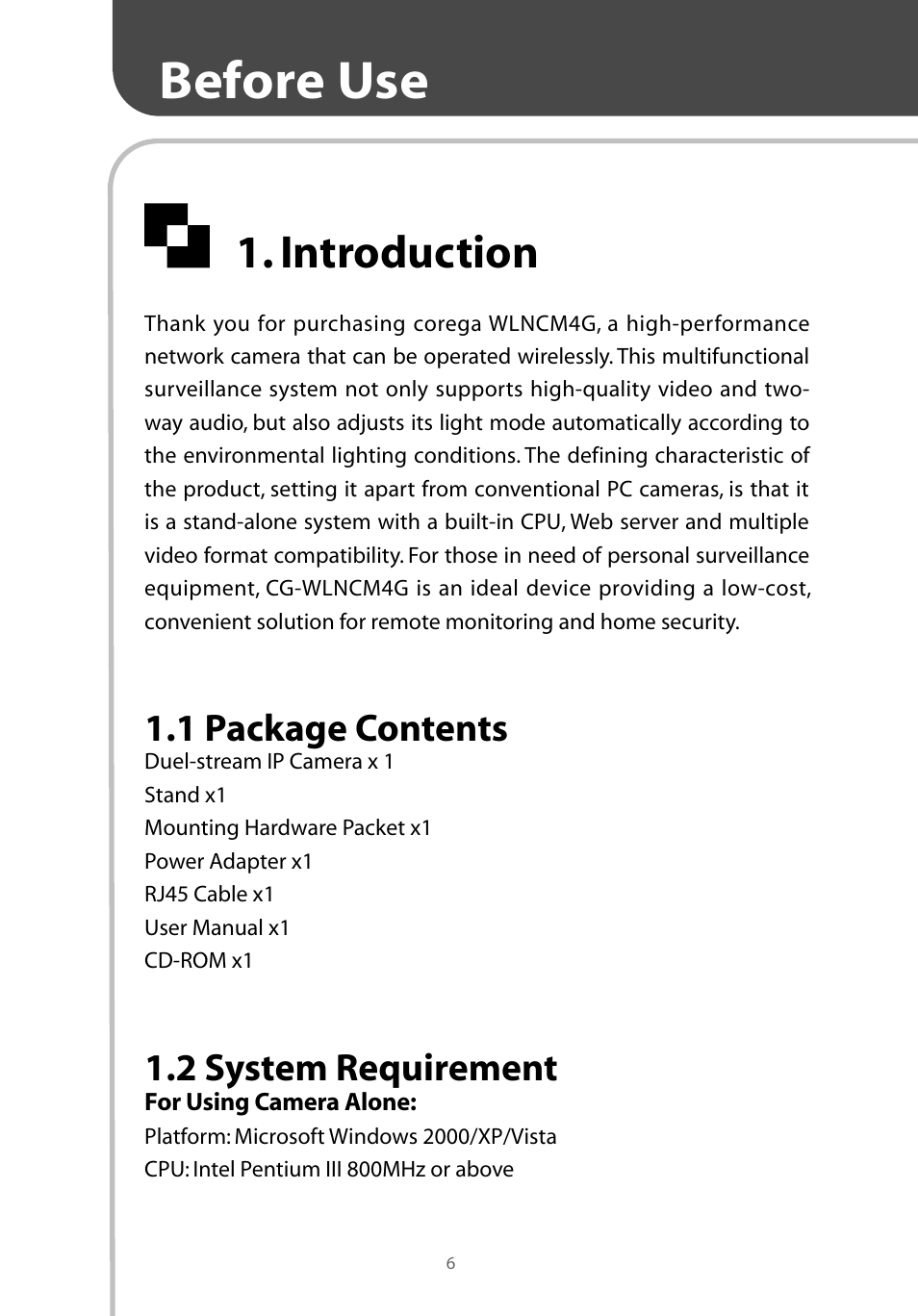 Before use, Introduction, 1 package contents | 2 system requirement | Corega CG-WLNCM4G User Manual | Page 8 / 68