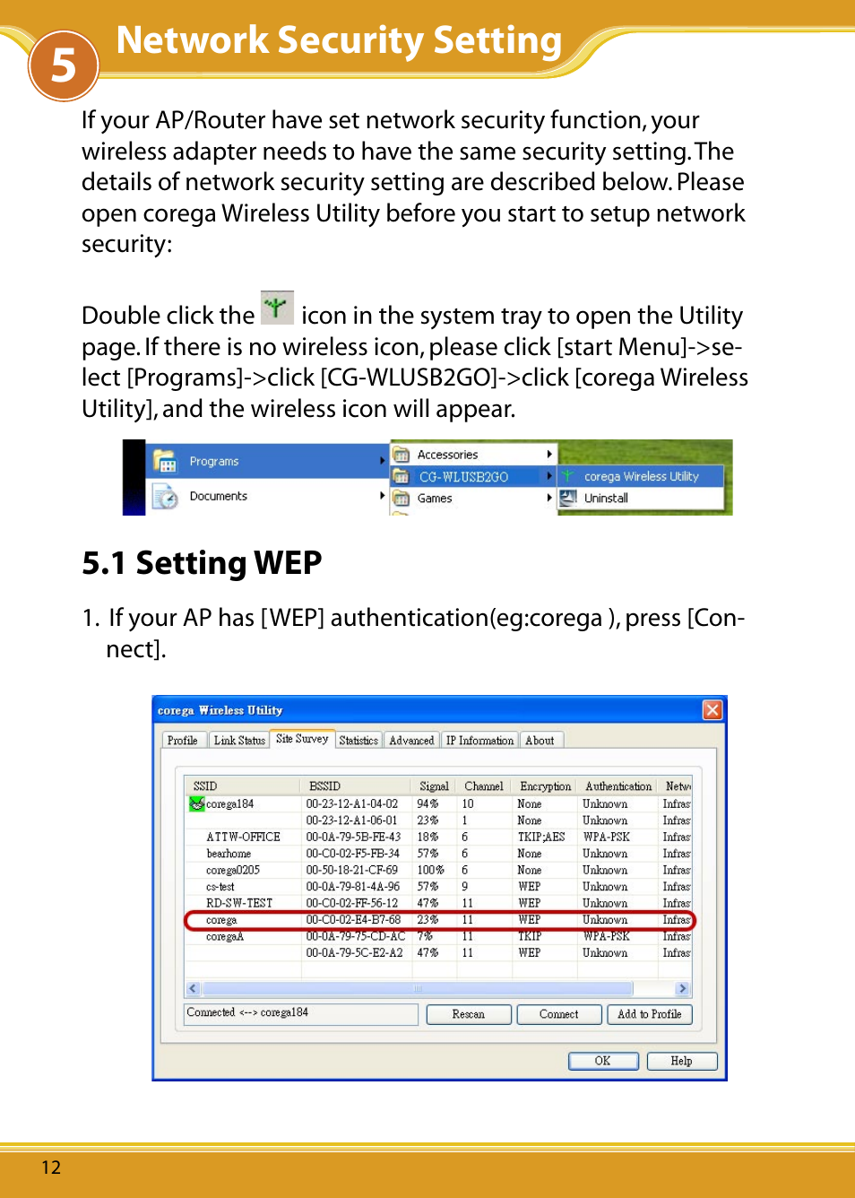1 setting wep, Network security setting | Corega WLUSB2GO User Manual | Page 13 / 30
