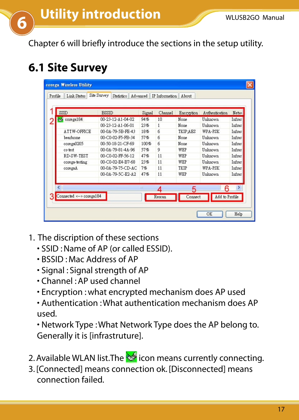 1 site survey, Utility introduction | Corega WLUSB2GO User Manual | Page 18 / 30