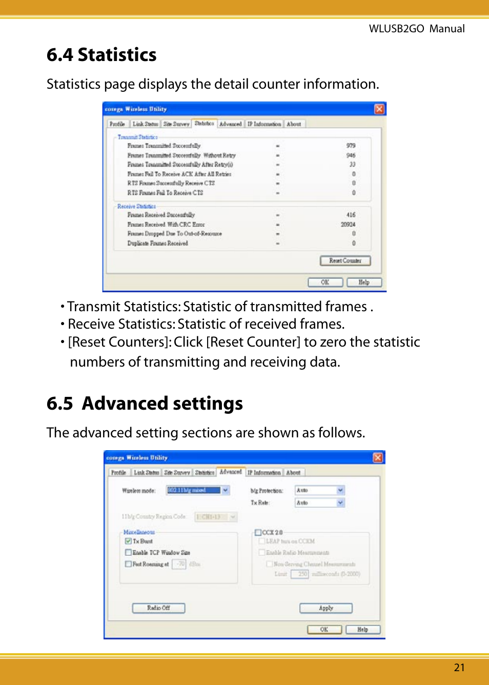 4 statistics, 5 advanced settings | Corega WLUSB2GO User Manual | Page 22 / 30