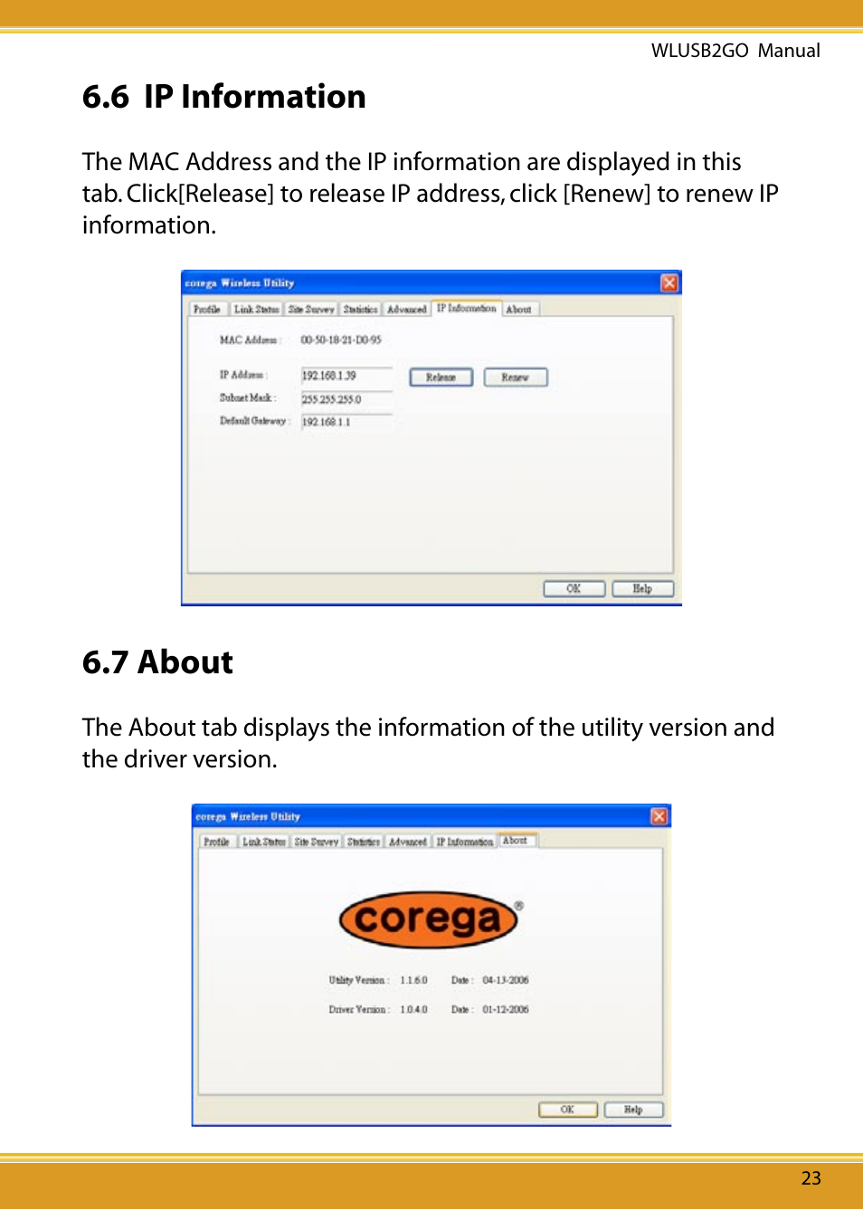 6 ip information, 7 about tab, 7 about | Corega WLUSB2GO User Manual | Page 24 / 30