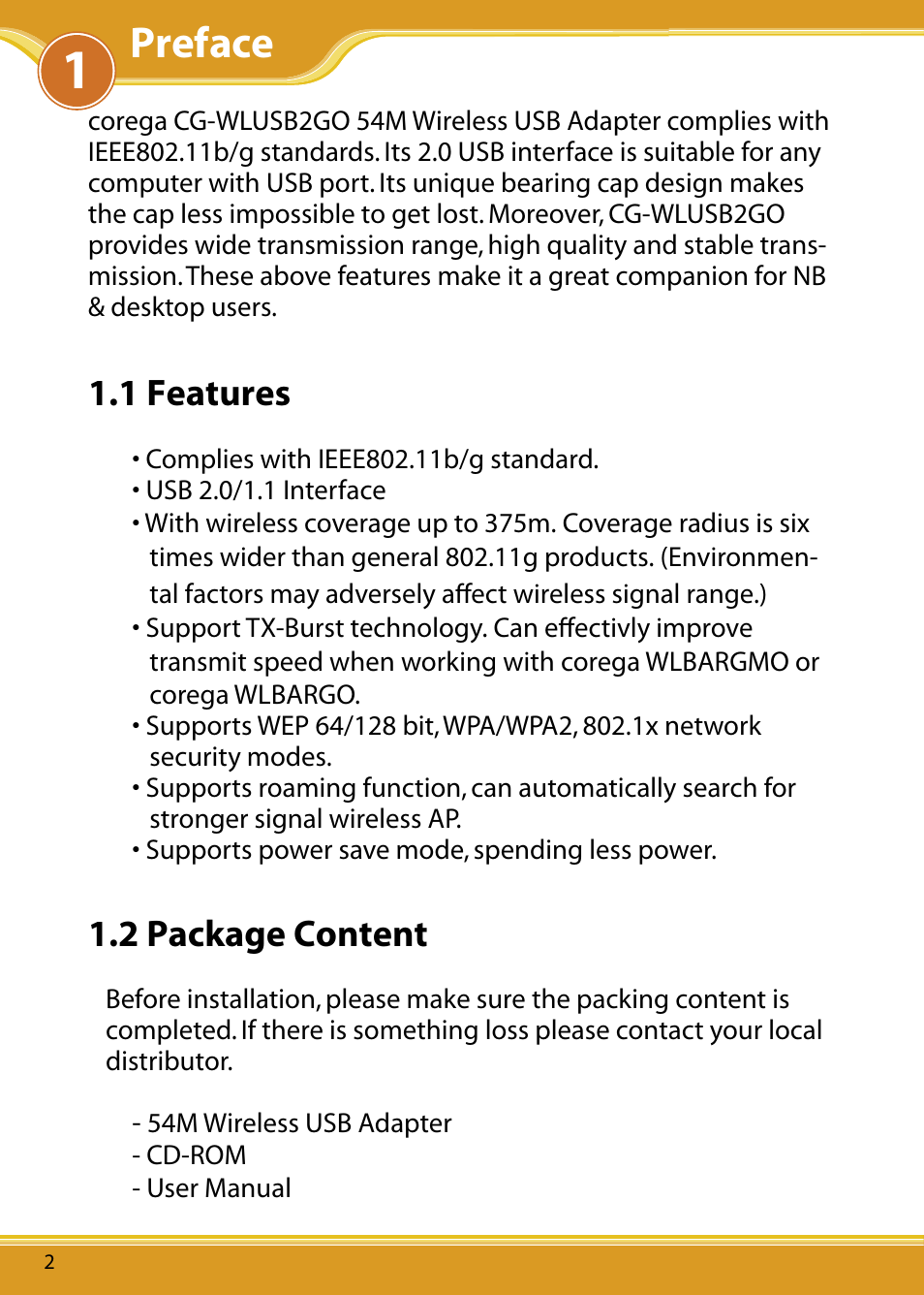 1 features, 2 packing content, Preface | 2 package content | Corega WLUSB2GO User Manual | Page 3 / 30