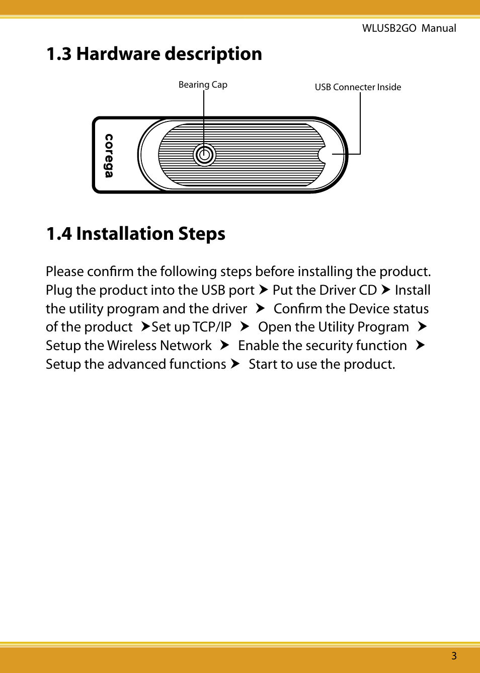 3 hardware description, 4 installation steps | Corega WLUSB2GO User Manual | Page 4 / 30