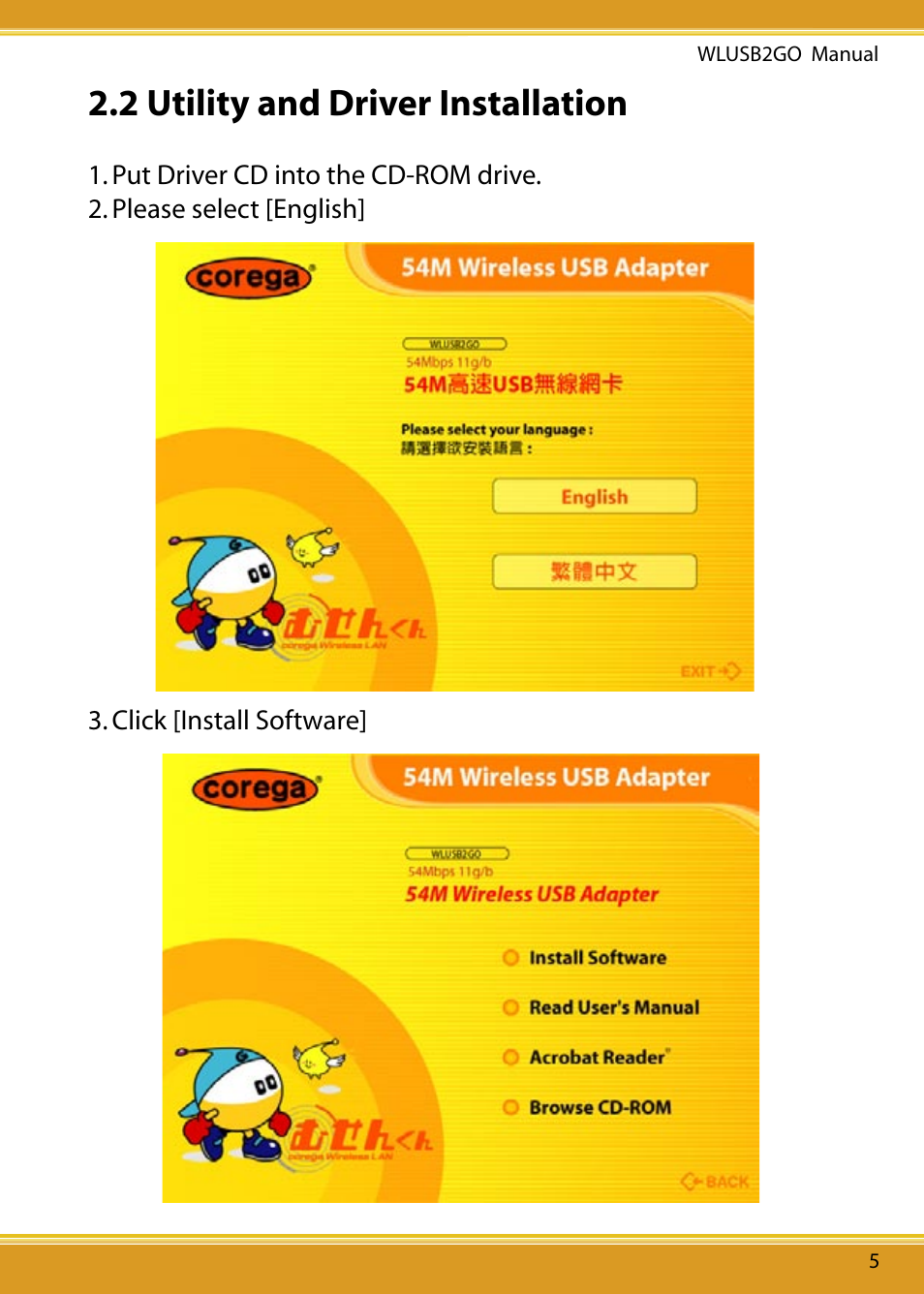 2 utility and driver installation | Corega WLUSB2GO User Manual | Page 6 / 30