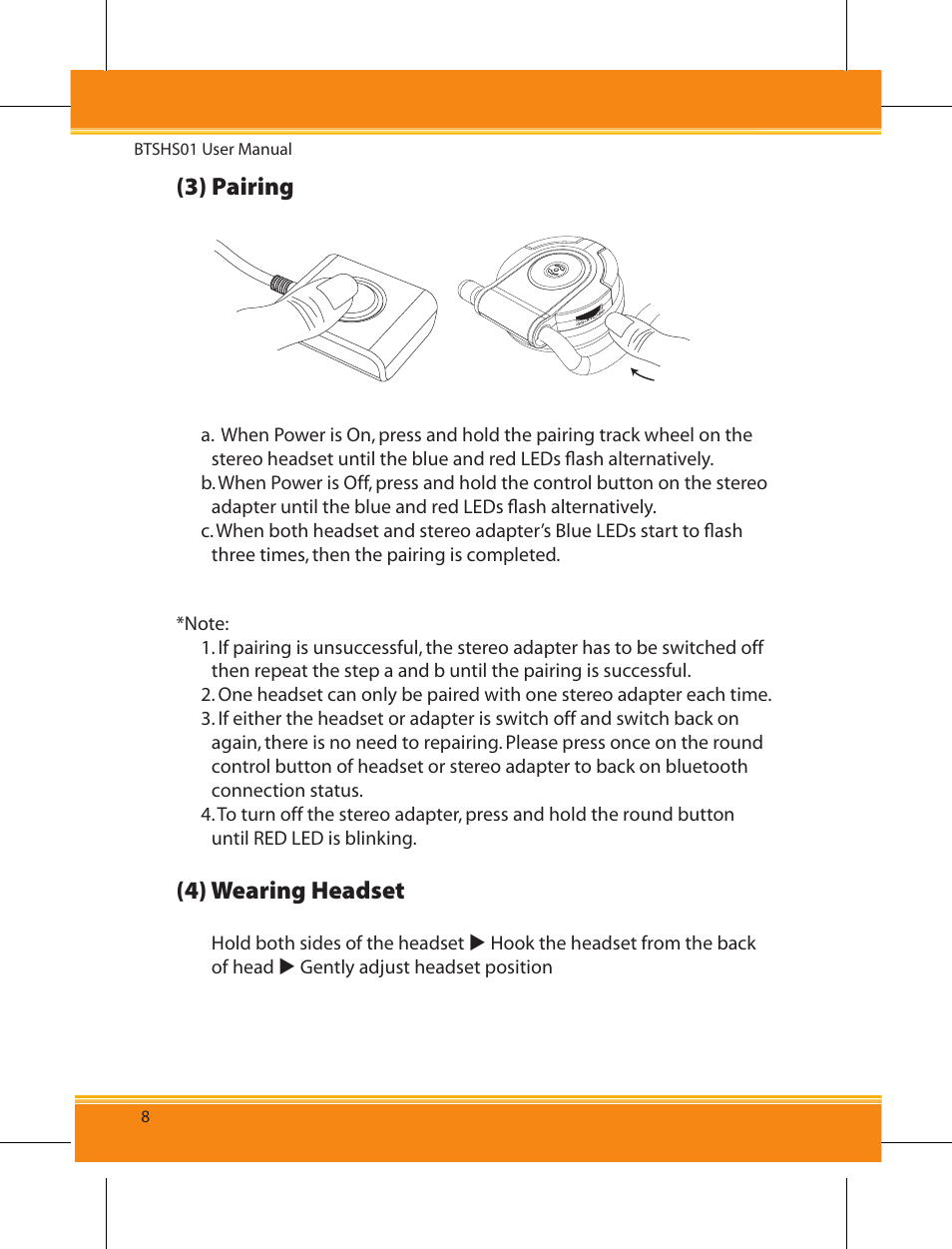 3) pairing, 4) wearing headset | Corega BTSHS01 User Manual | Page 10 / 24