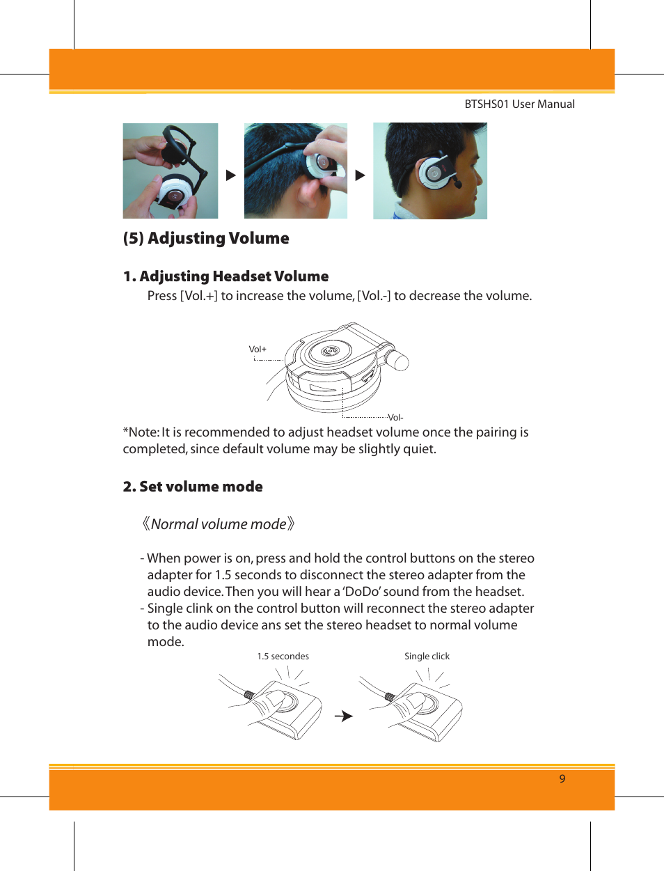 5) adjusting volume, Adjusting headset volume, Set volume mode 《 normal volume mode | Corega BTSHS01 User Manual | Page 11 / 24