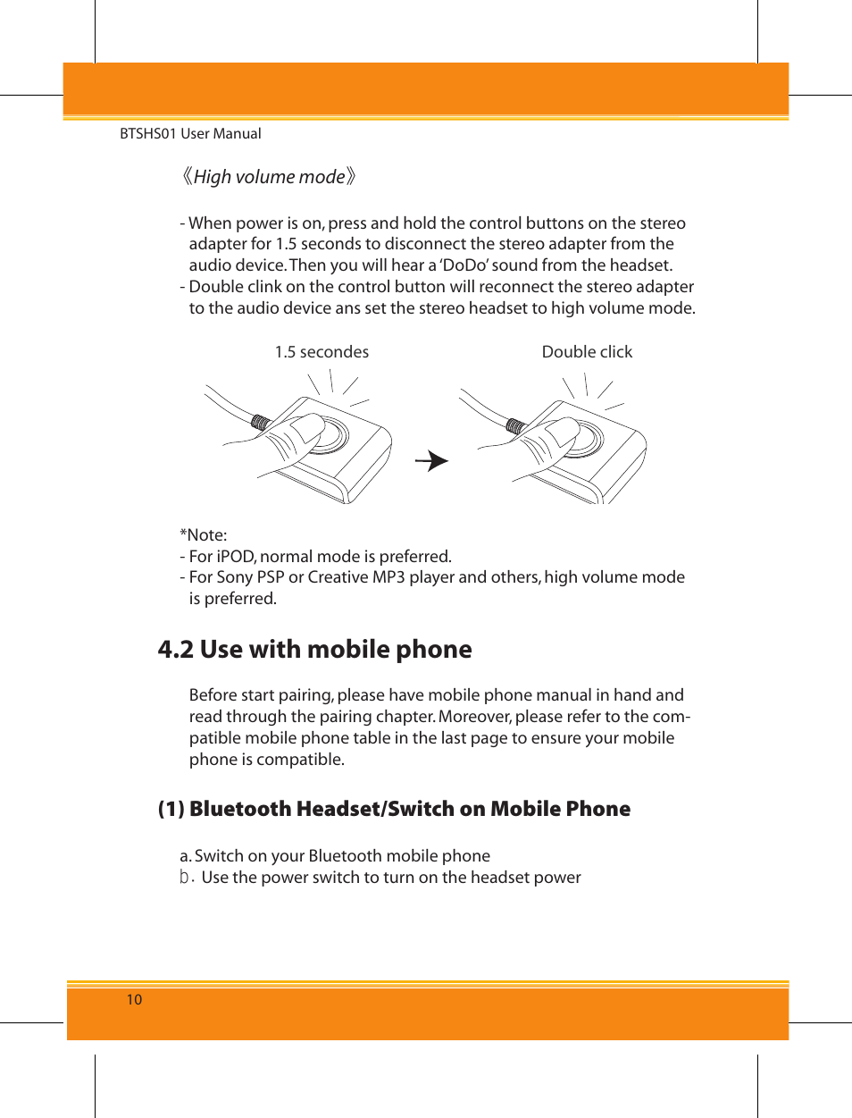 2 use with mobile phone, 1) bluetooth headset/switch on mobile phone | Corega BTSHS01 User Manual | Page 12 / 24