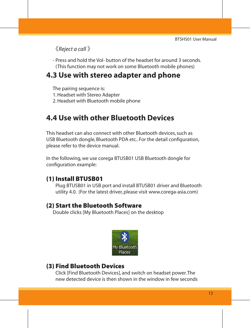 3 use with stereo adapter and phone, 4 use with other bluetooth devices | Corega BTSHS01 User Manual | Page 15 / 24