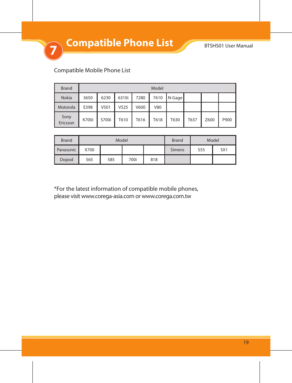 Compatible phone list, Compatible mobile phone list | Corega BTSHS01 User Manual | Page 21 / 24