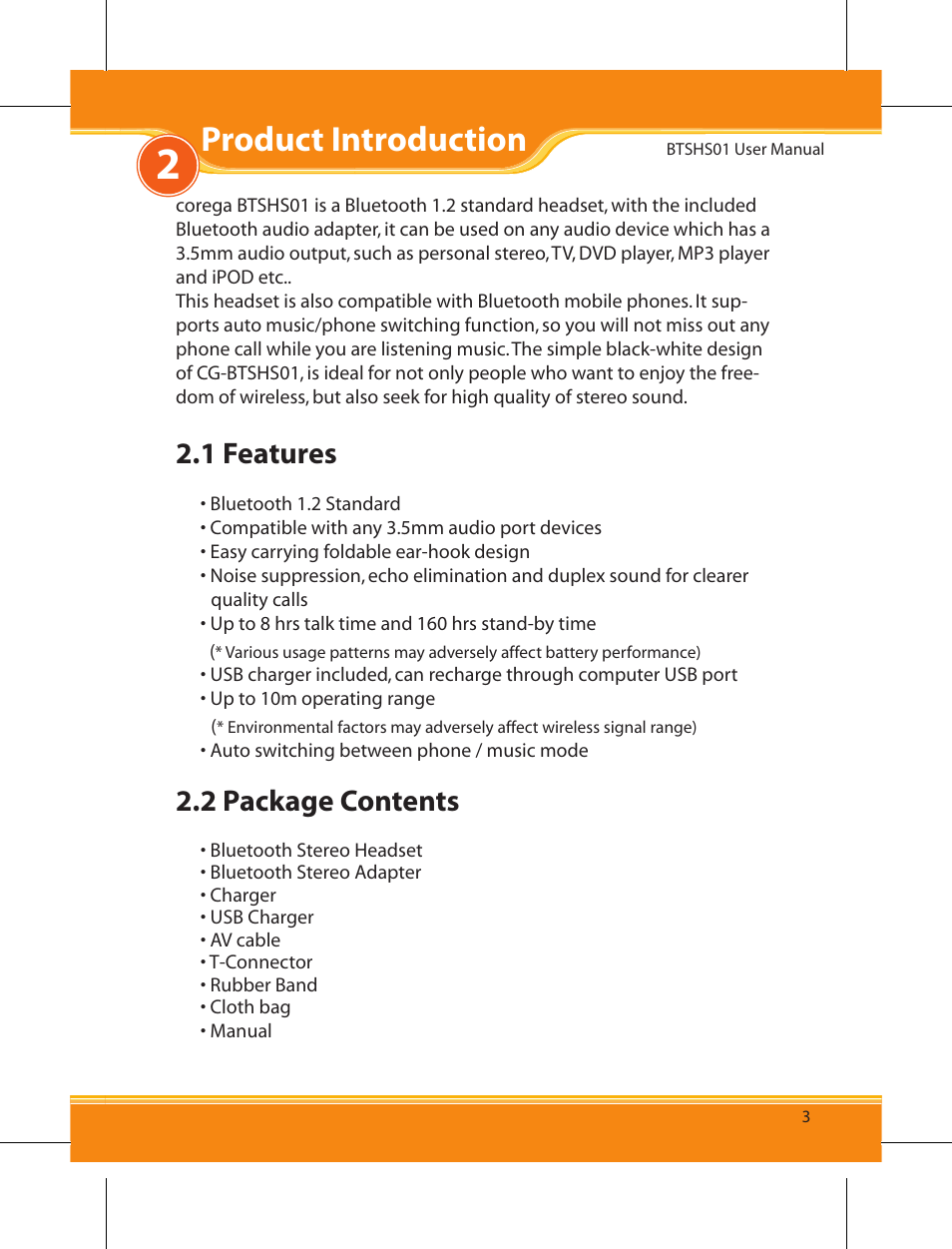 Product introduction, 1 features, 2 package contents | Corega BTSHS01 User Manual | Page 5 / 24