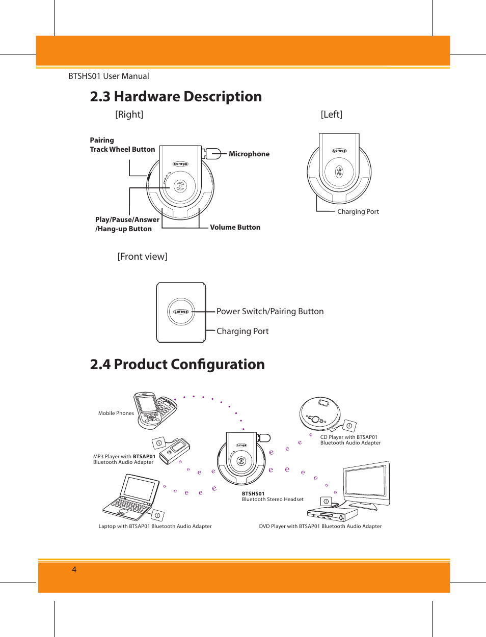 3 hardware description, 4 product conﬁguration, Right] [left | Front view | Corega BTSHS01 User Manual | Page 6 / 24