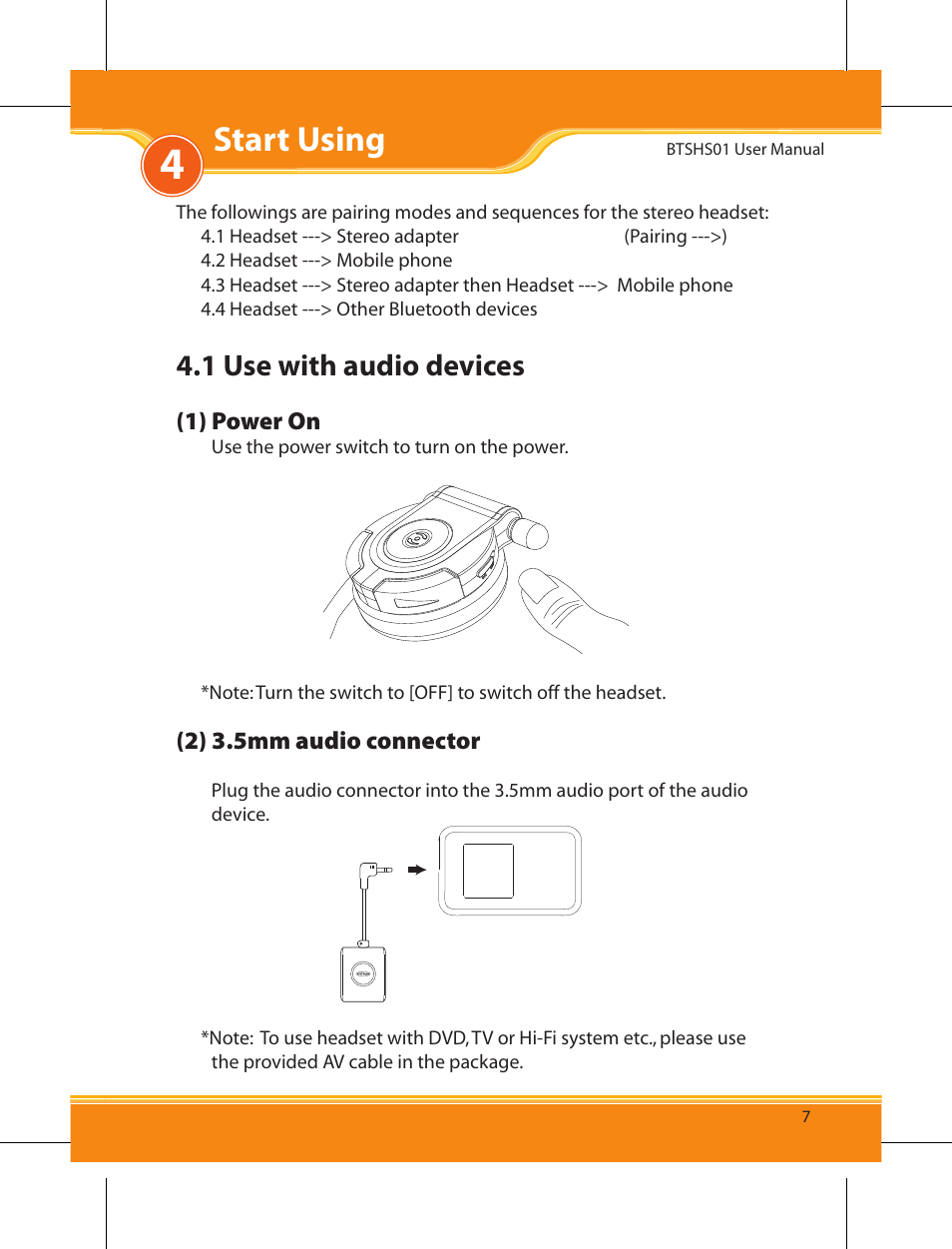 Start using, 1 use with audio devices | Corega BTSHS01 User Manual | Page 9 / 24