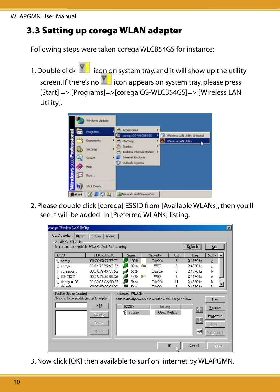 3 setting up corega wireless adapter, 3 setting up corega wlan adapter | Corega CG-WLAPGMN User Manual | Page 12 / 39