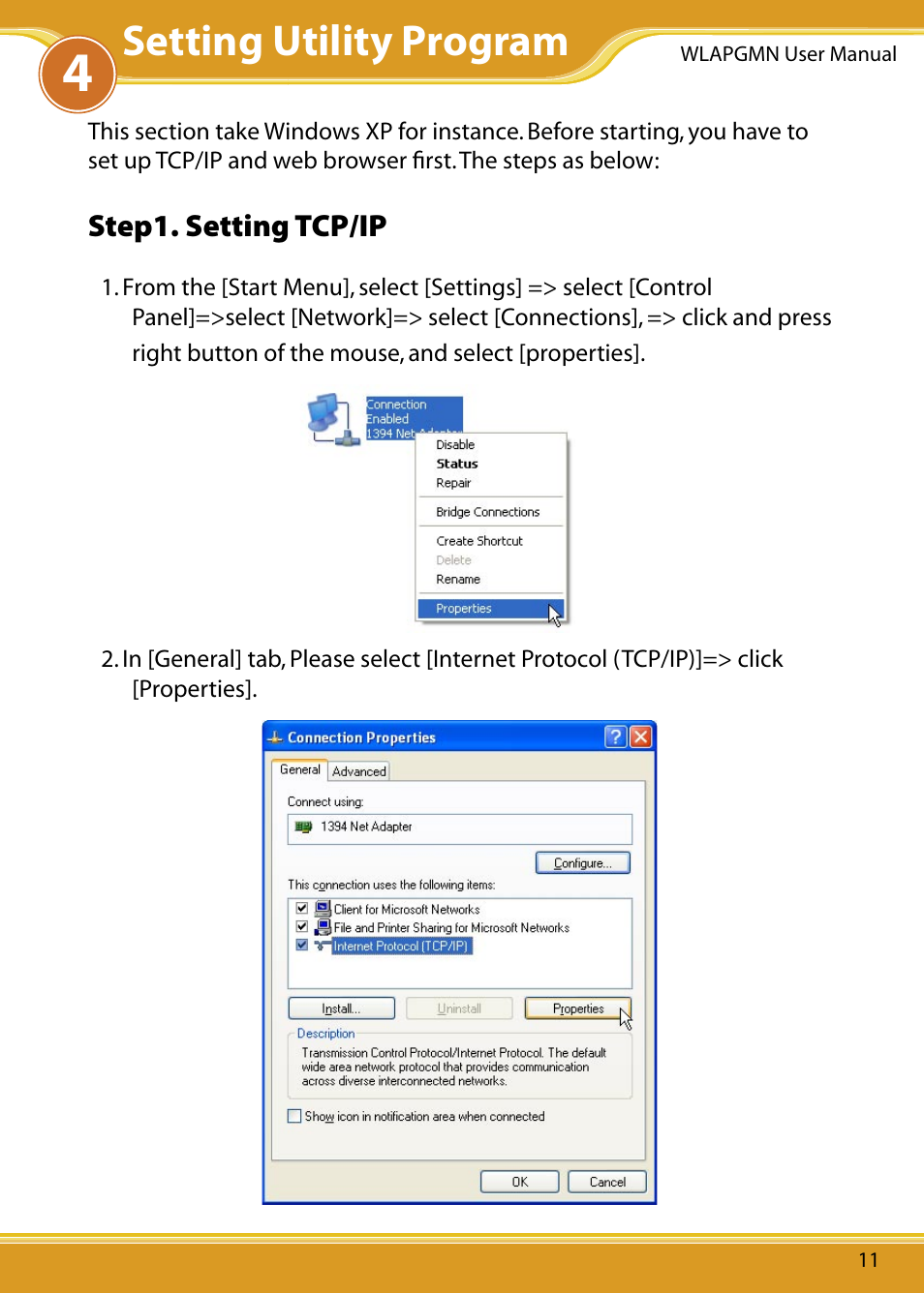 Step1. setting tcp/ip, Setting utility program | Corega CG-WLAPGMN User Manual | Page 13 / 39
