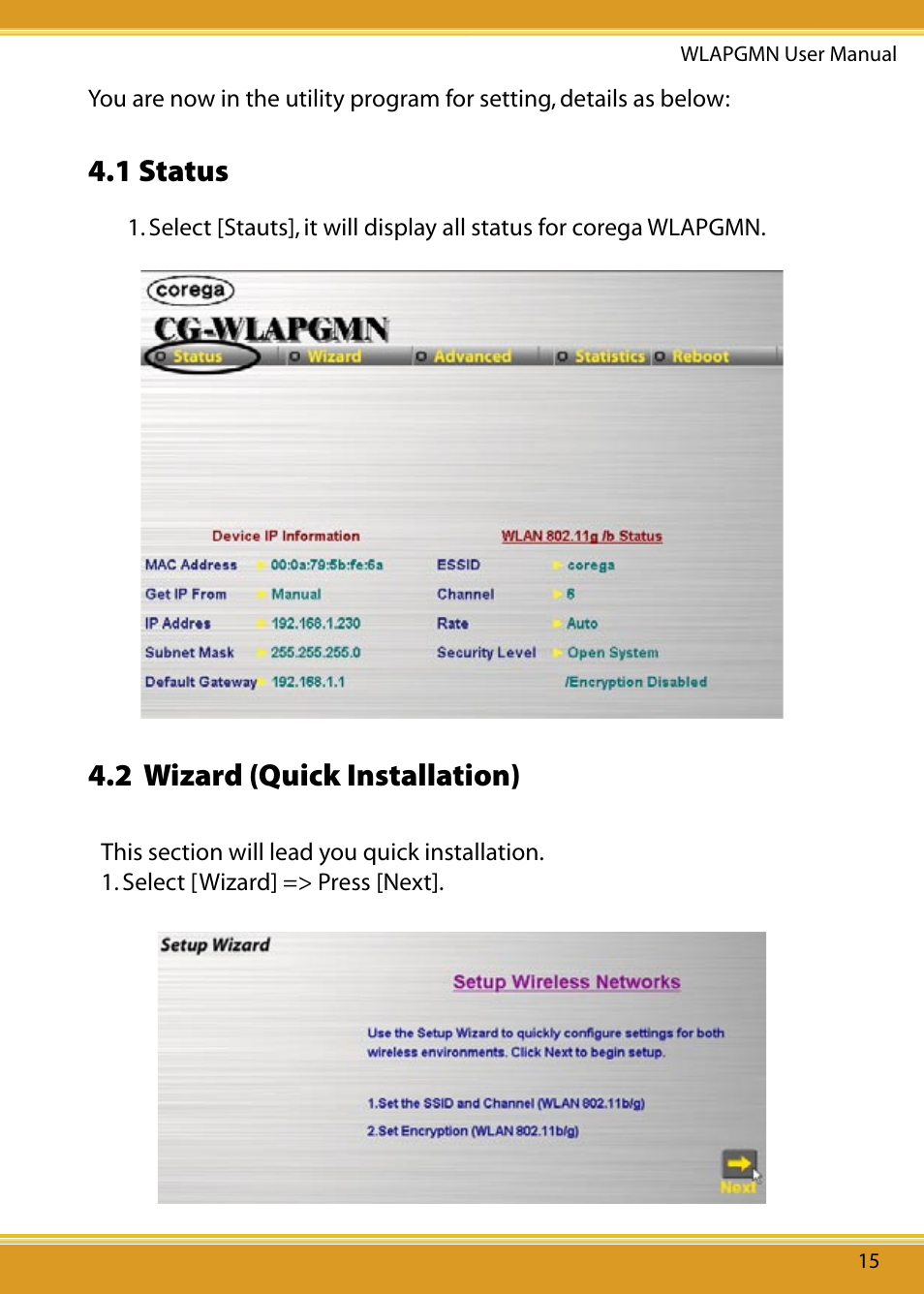 1 status, 2 wizard (quick installation) | Corega CG-WLAPGMN User Manual | Page 17 / 39