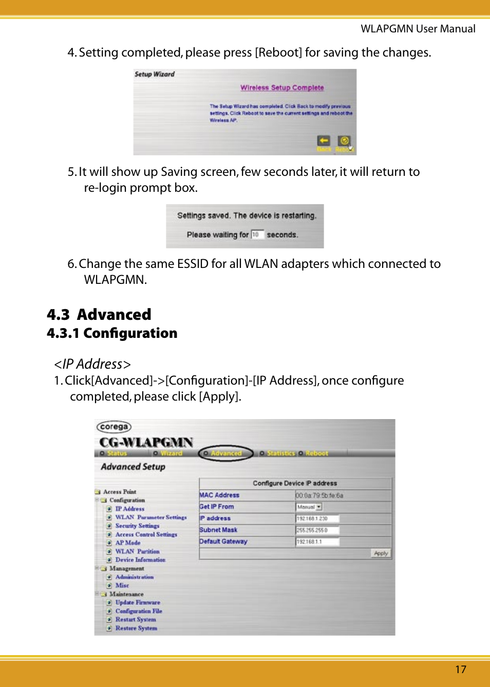 3 advanced, 1 conﬁguration | Corega CG-WLAPGMN User Manual | Page 19 / 39