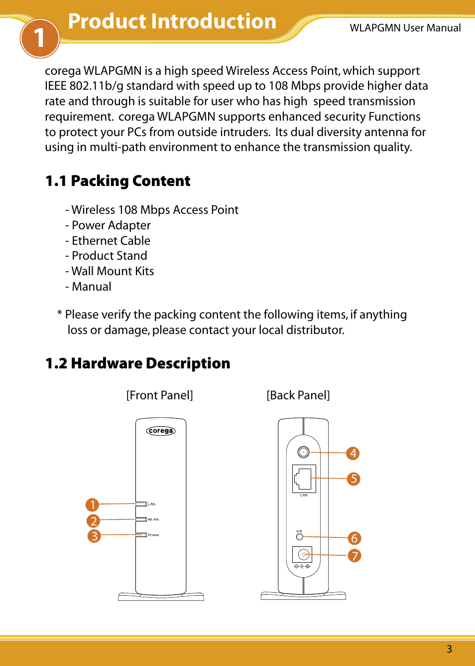 1 packing content, 2 hardware description, Product introduction | Corega CG-WLAPGMN User Manual | Page 5 / 39