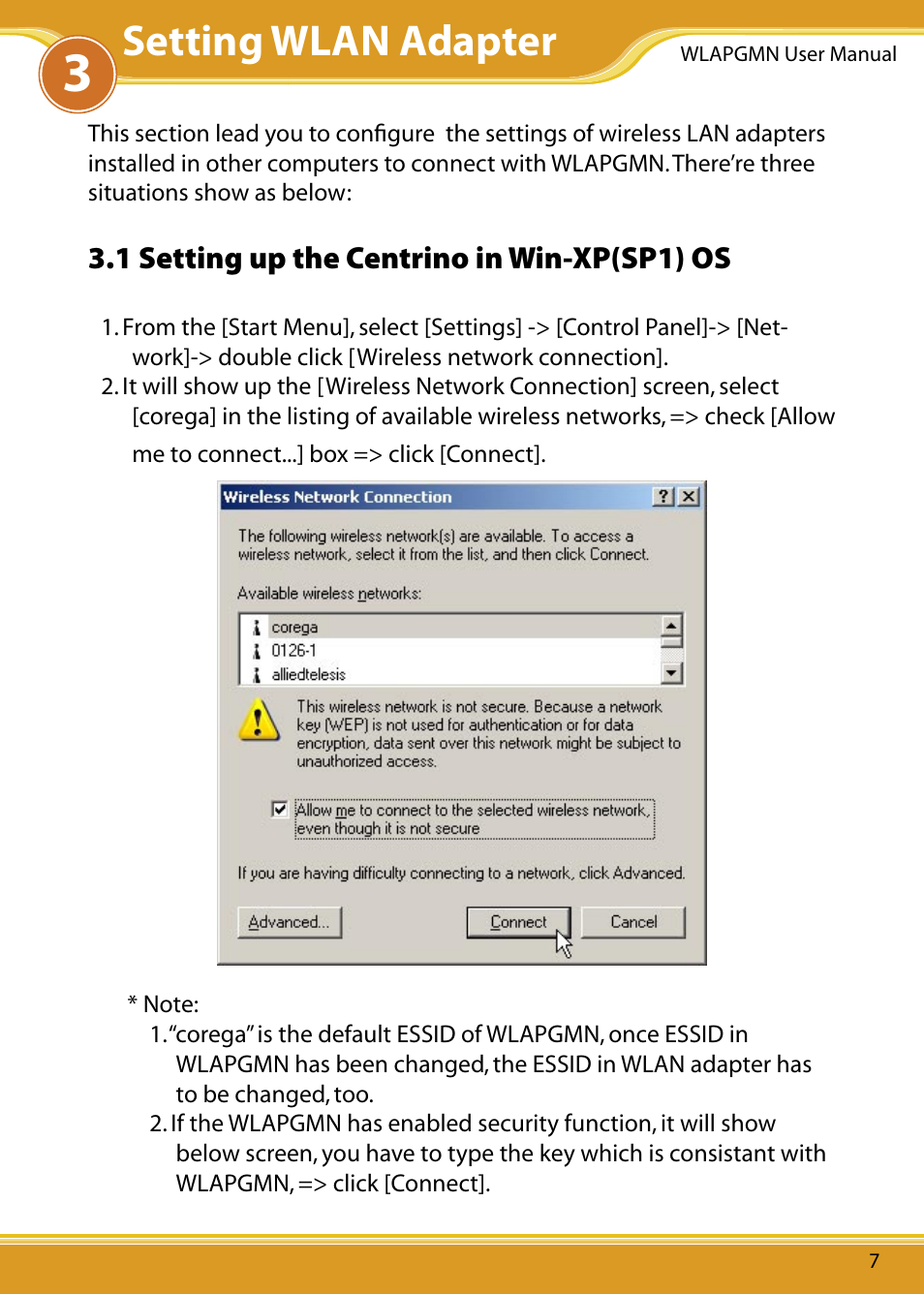 1 setting up the centrino in win-xp(sp1) os, Setting wlan adapter | Corega CG-WLAPGMN User Manual | Page 9 / 39