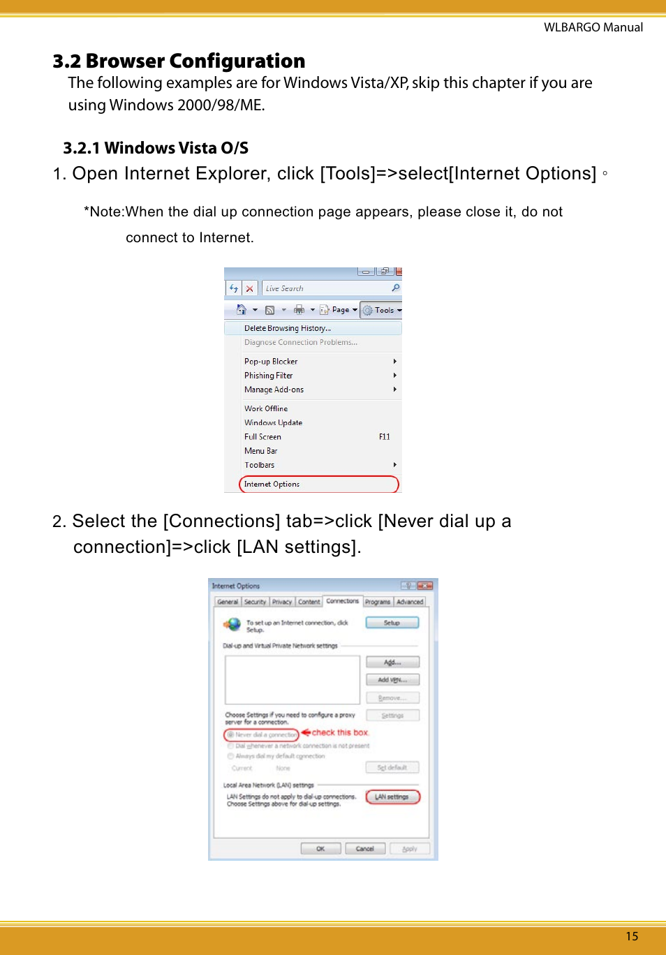 2 browser conﬁguration, 1 windows vista o/s, 2 windows xp o/s | Browser configuration | Corega CG-WLBARGO User Manual | Page 17 / 57