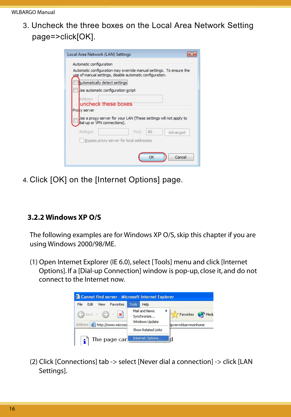 Click [ok] on the [internet options] page | Corega CG-WLBARGO User Manual | Page 18 / 57