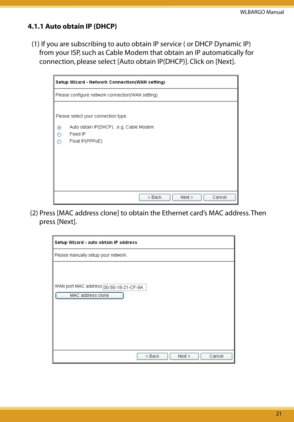 1 auto obtain ip (dhcp) | Corega CG-WLBARGO User Manual | Page 23 / 57
