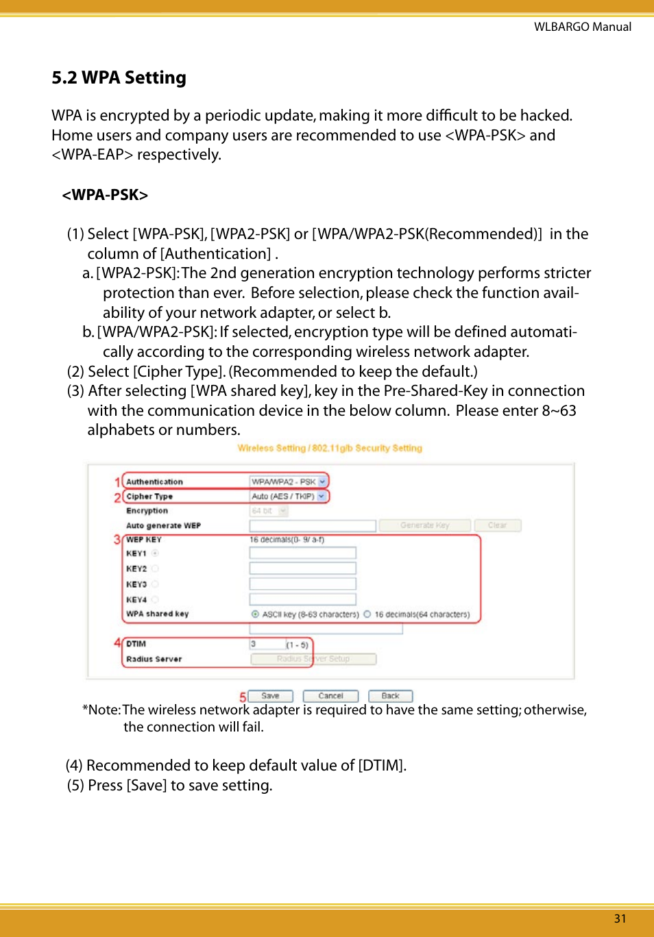 1 wep setting, 2 wpa setting | Corega CG-WLBARGO User Manual | Page 33 / 57