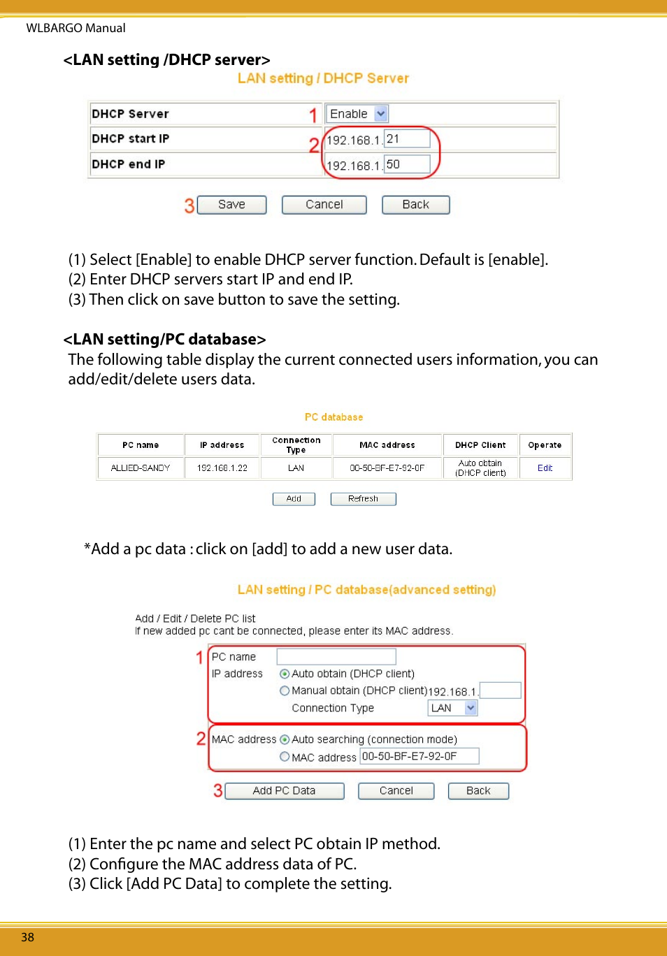 Lan setting /dhcp server, Lan setting/pc database | Corega CG-WLBARGO User Manual | Page 40 / 57