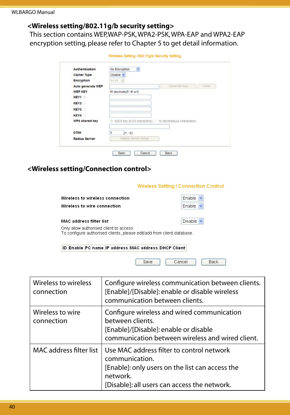 Wireless setting/802.11g/b security setting, Wireless setting/connection control | Corega CG-WLBARGO User Manual | Page 42 / 57