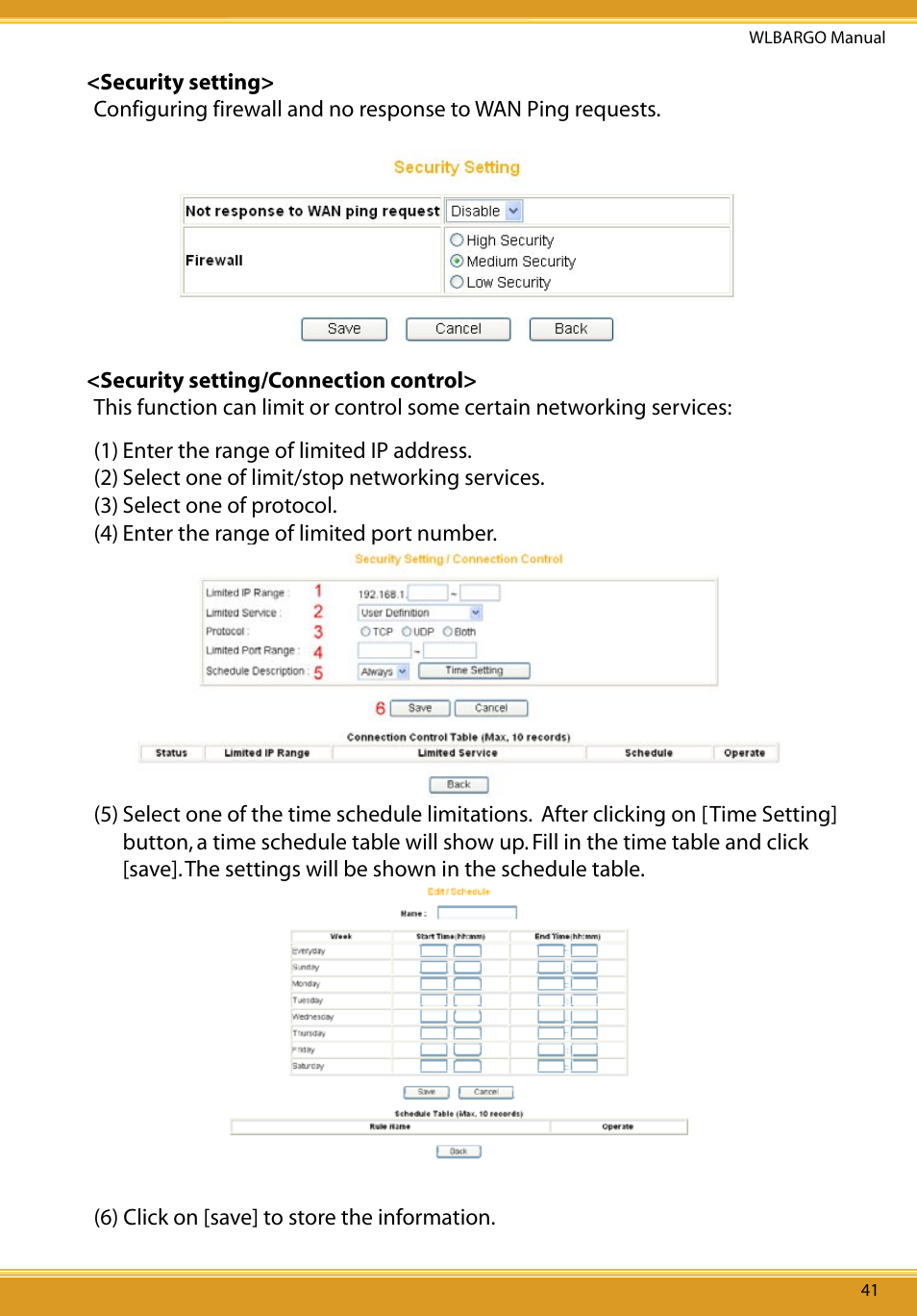 Security setting, Security setting/connection control | Corega CG-WLBARGO User Manual | Page 43 / 57