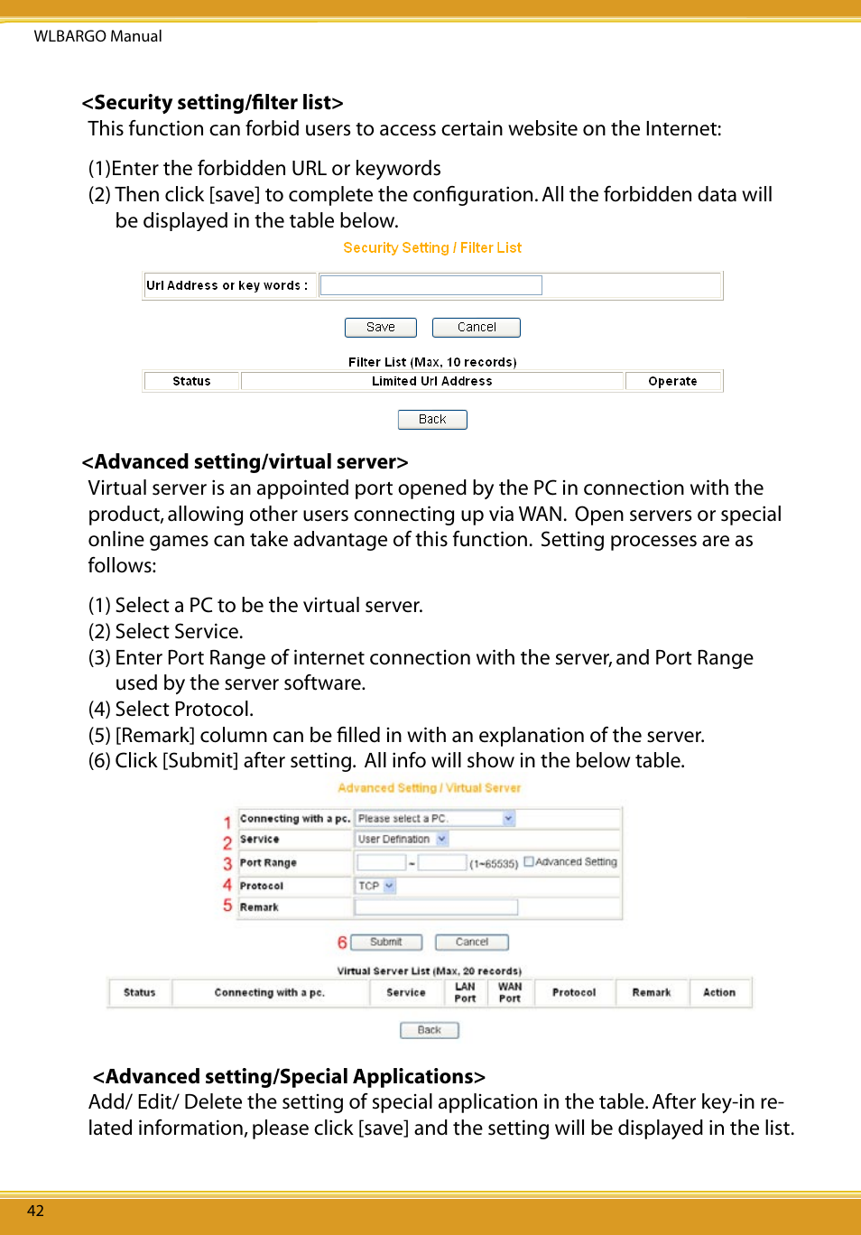 Security setting/ﬁlter list, Advanced setting/virtual server, Advanced setting/special applications | Corega CG-WLBARGO User Manual | Page 44 / 57