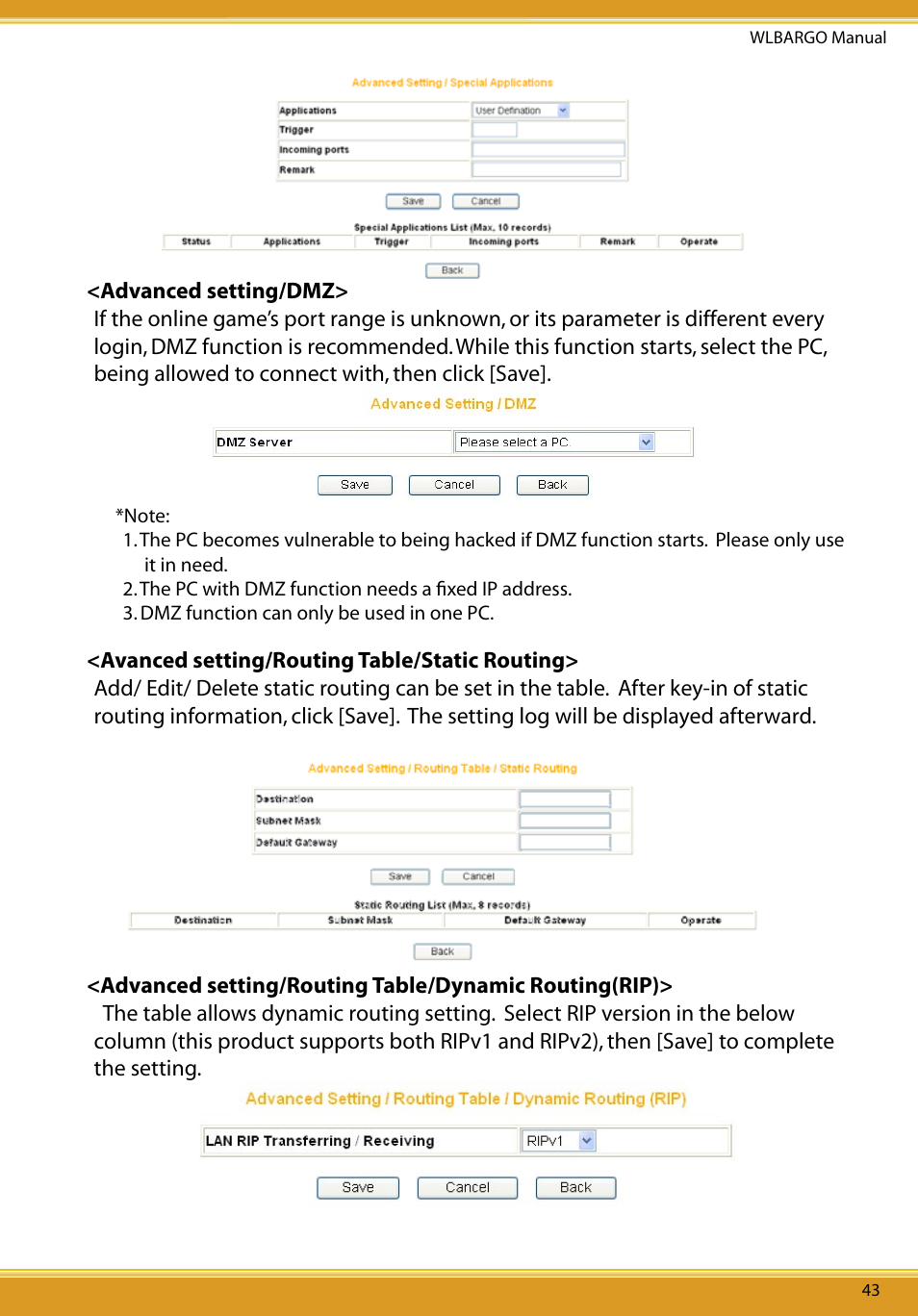 Advanced setting/dmz, Advanced setting/routing table/static routing, Advancedsetting/routingtable/dynamicrouting(rip) | Corega CG-WLBARGO User Manual | Page 45 / 57