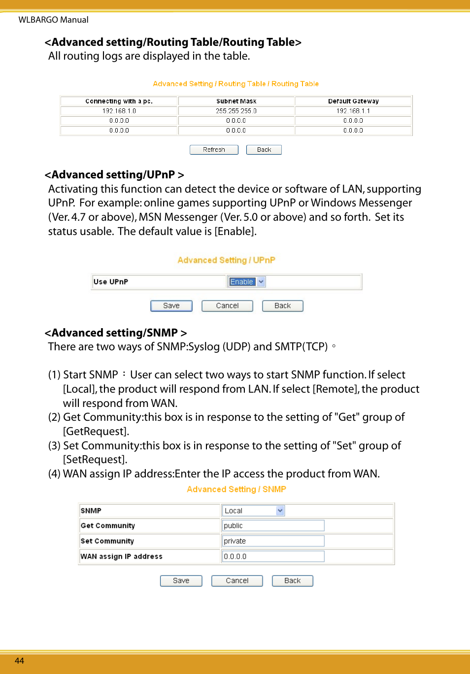 Advanced setting/routing table/routing table, Advanced setting/upnp, Advanced setting/snmp | Corega CG-WLBARGO User Manual | Page 46 / 57