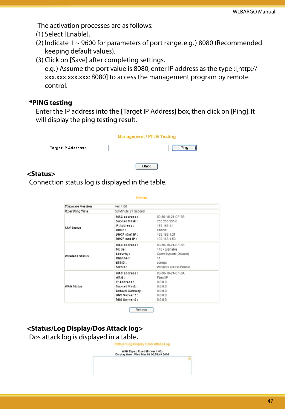 Status, Status/log display/dos attack log | Corega CG-WLBARGO User Manual | Page 49 / 57