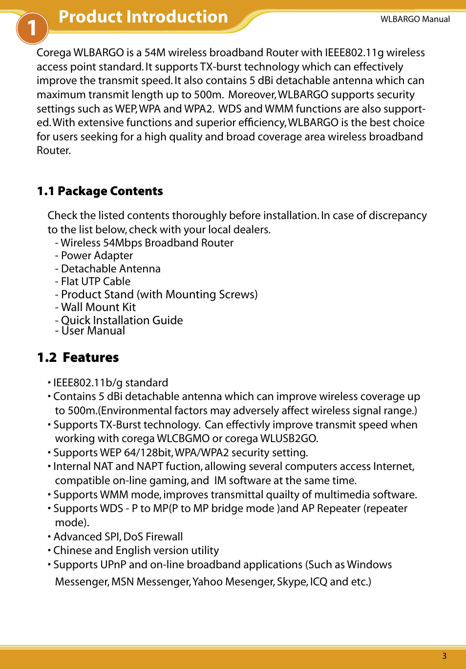 1 package contents, 2 features, Product introduction | Corega CG-WLBARGO User Manual | Page 5 / 57