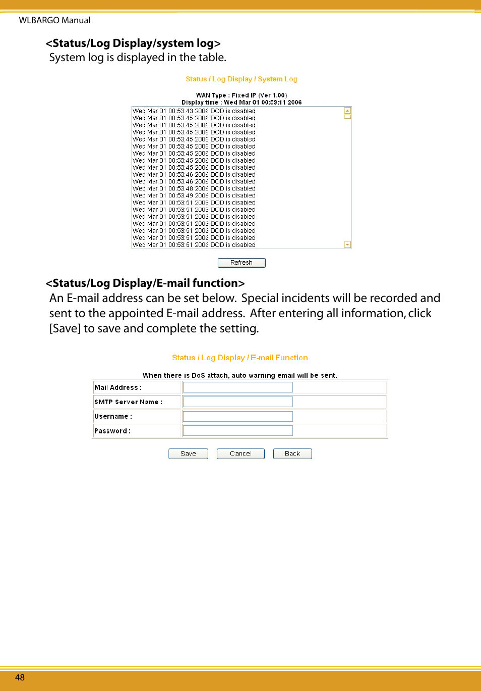 Status/log display/system log, Status/log display/e-mail function | Corega CG-WLBARGO User Manual | Page 50 / 57