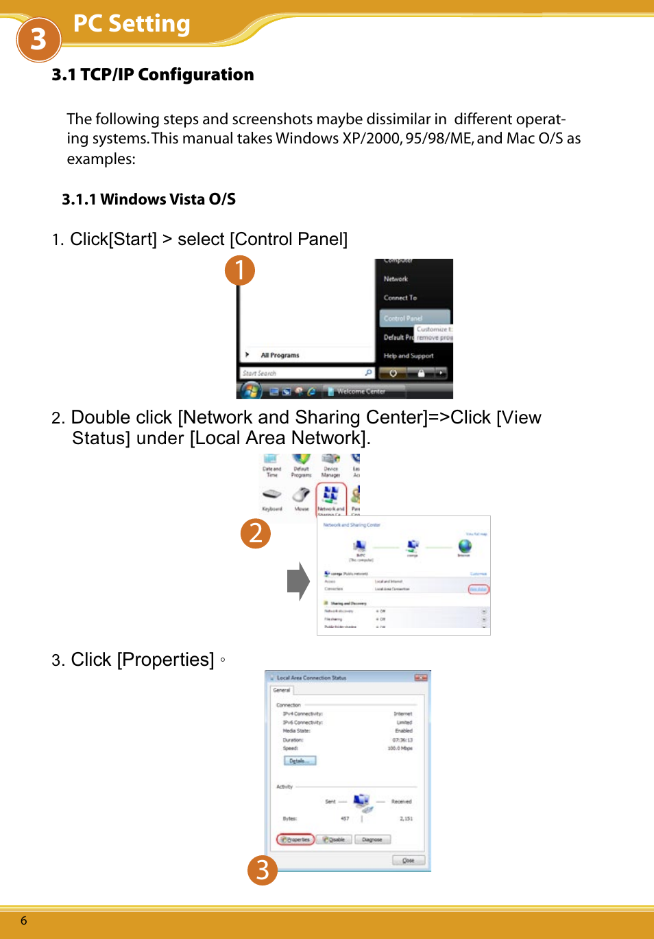 1 tcp/ip conﬁguration, 1 windows vista o/s, 2 windows xp o/s | Pc setting | Corega CG-WLBARGO User Manual | Page 8 / 57